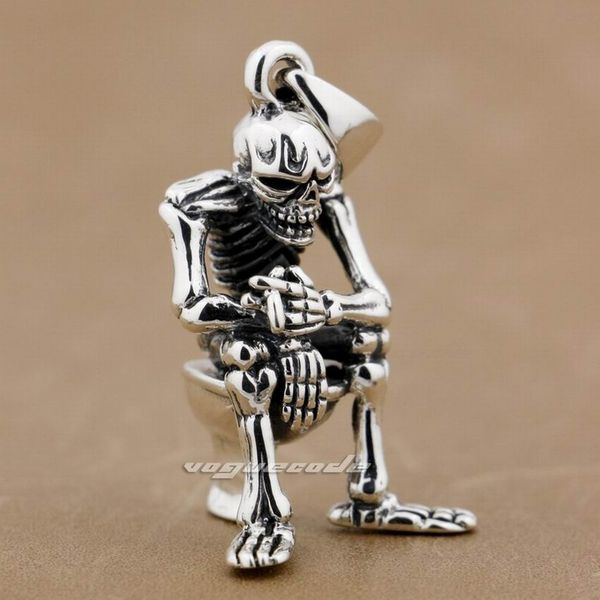 

smoking skull on closestool 925 sterling silver mens biker rock punk pendant 8p024
