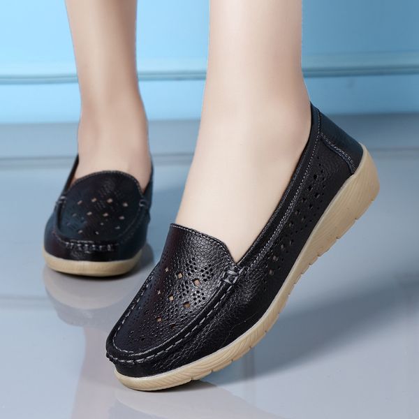 

grandma shoes women's moccasins soft casual female sneakers flats genuine leather round toe new summer dress basic wedges solid, Black