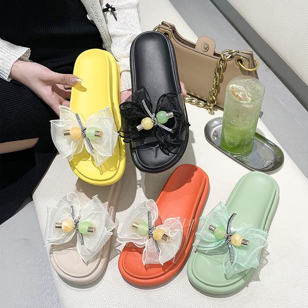 

shoes med butterfly-knot slippers flat summer woman platform slides slipers women fashion beach 2020 pu slippers, Black