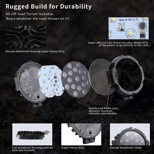 

51w work light round shape black spotlight vehicle headlight replacement ip67 9-30v lamp bulbs 7 inch practical