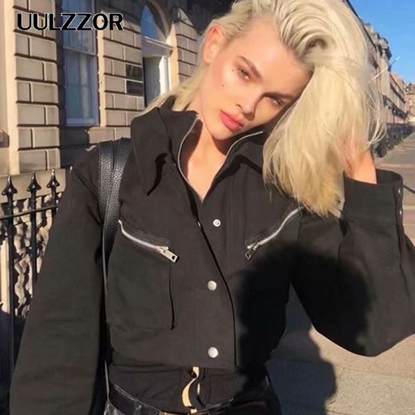 

uulzzor fashion pockets zipper jackets women jacket long sleeve slim crop streetwear coats cool girls short jacket, Black;brown