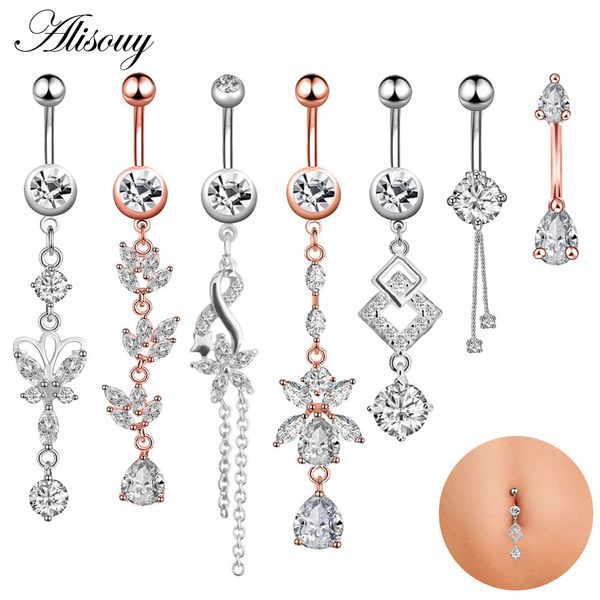 

alisouy 1pc dangling navel belly button rings belly piercing crystal surgical steel woman body piercing jewelry barbell, Slivery;golden