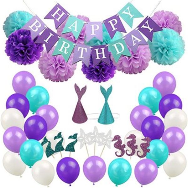 Mermaid Theme Flags Party Decorate Set Balloon For Cartoon Cake