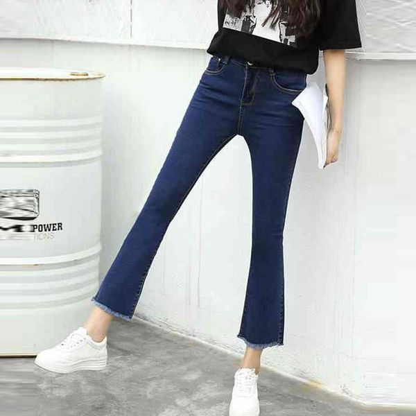 

2019 summer pants women elegant fashion design slim high waist tassel flare pants all-match simple solid women's jeans, Blue