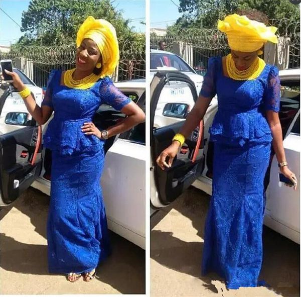 

african full lace royal blue mermaid evening dresses with peplum short sleeves floor length applique aso ebi party dresses evening wear, Black;red