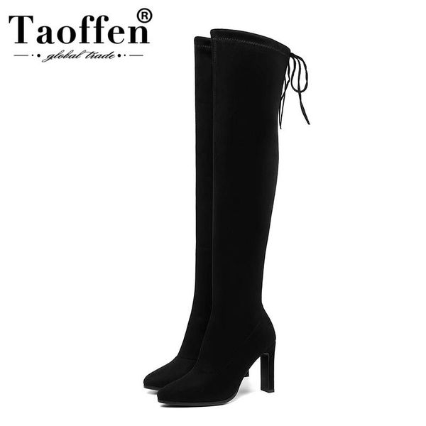 

taoffen 2020 new arrival stretch boots fashion high heel over the knee boots women winter shoes footwear size 34-43, Black