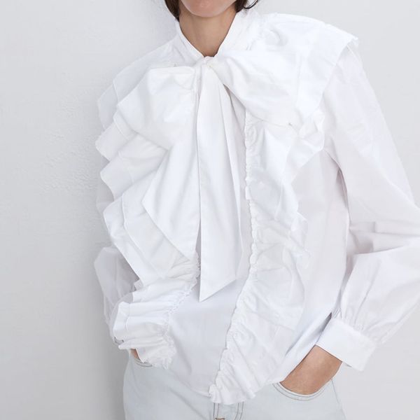 

deat 2020 spring stand collar white long lantern sleeve bow loose shirt women blouse mg459