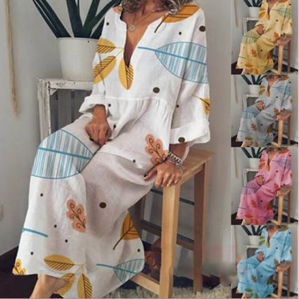 

floral print v-neck women's midi dresses plus size 5xl three quarter sleeve white dress 2020 summer fashion loose clothes ladies, Black;gray
