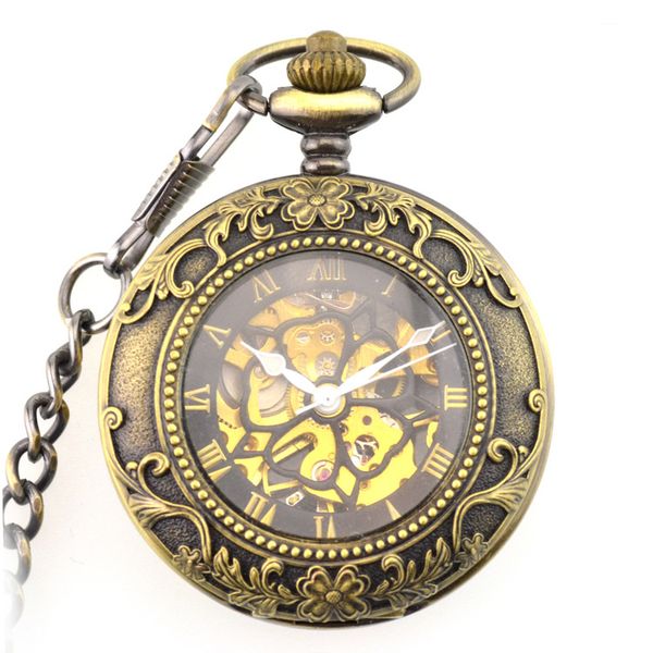 

fashion steampunk pendant for men women hand winding mechanical pocket watch roman numerals skeleton watches fob chain, Slivery;golden