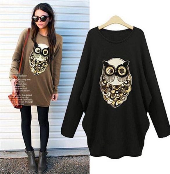 O-Collo Primavera Gufo Paillettes T Shirt Donna Casual Blusa Camicie oversize Donna 5XL Taglie forti Top Femme Punk Rock Moda Tee Shirt Trend