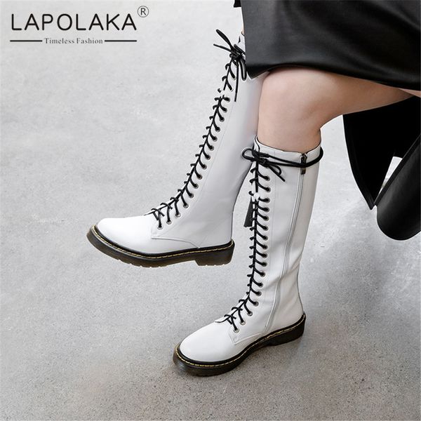 

lapolaka new arrivals cow leather add fur warm boots woman shoes zipper chunky heels mid calf boots female shoes woman, Black