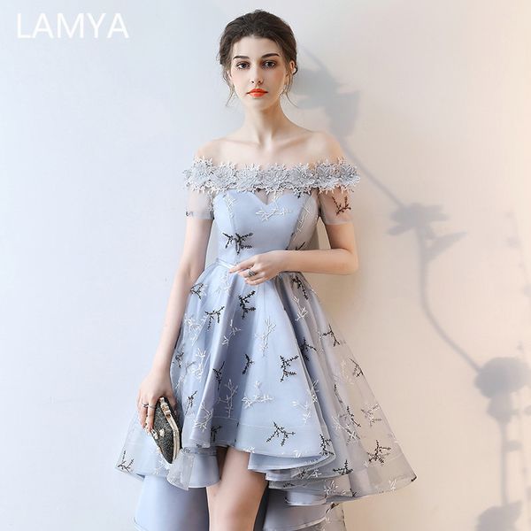 

lamya embroidery prom dresses short front back long tail banquet evening dress 2019 formal party gown plus size elegant dresses, White;black