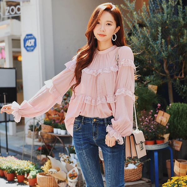 

dabuwawa ruffled lace shirt women streetwear lantren sleeve madarin sleeve chiffon 2018 new fashion sweet loose #dn1ast003, White