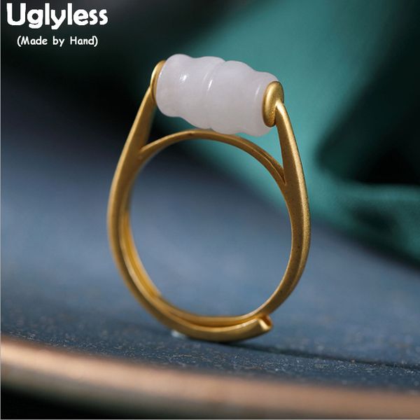 

uglyless real natural jade barrel rings for women gold plated real 925 sterling silver fine jewelry gemstones open rings r788, Golden;silver