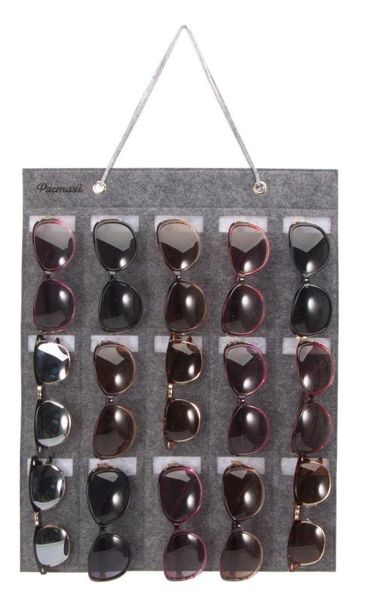 

sunglasses storage organizer, wall pocket mounted by sunglasses, hanging eyeglasses storage holder, eyewear display.