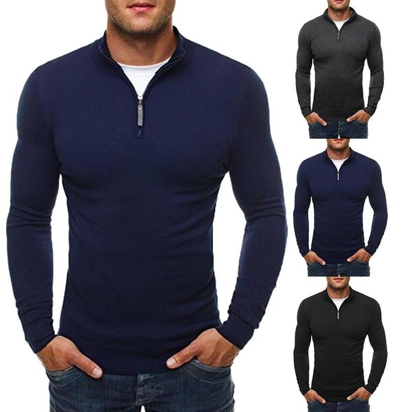 

casual sweater men solid color stand collar long sleeve men sweater zipper knit black grey navy blue kazak autumn clothing, White;black