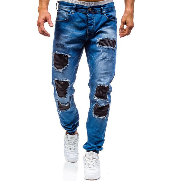 

olome mens stretchy ripped jeans men destroyed hole taped slim fit denim scratched biker jeans distressed, Blue