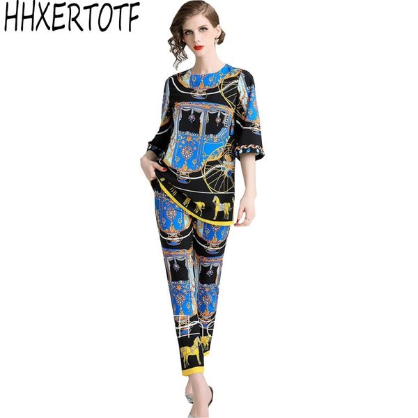 

fashion runway designer suit set women's long sleeve retro pattern print pleated hem split pullover pants set 2 piece sets, White