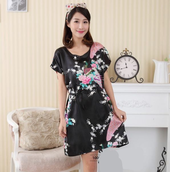 

fashion black female gown nightgown pijama mujer printed design casual women rayon nightdress summer robe bath gown zh01f, Black;red