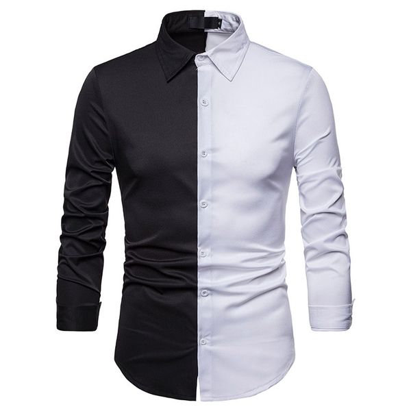 

fashion patchwork long sleeve shirt men 2018 brand new casual button down dress shirts men work business shirt camisa hombre, White;black