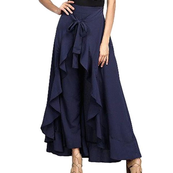 

wrap юбка женщина мода navy шифон tie-талия рюши wide leg свободные брюки одежда, Black