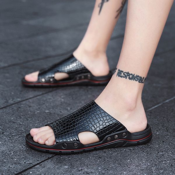 

casual 2020 men sandals shoes slippers summer flip flops beach men shoes leather sandalias zapatos hombre, Black