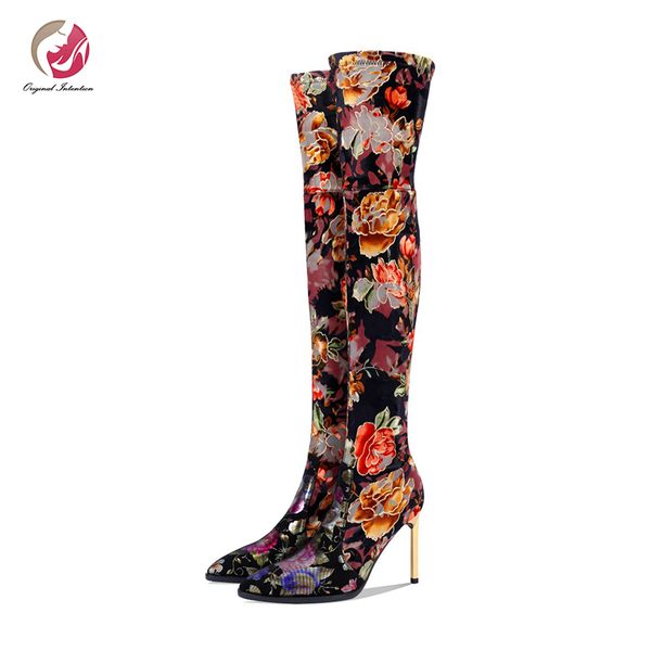 

original intention over-the-knee boots women thigh high boots winter black floral printing pointy toe high metal heels