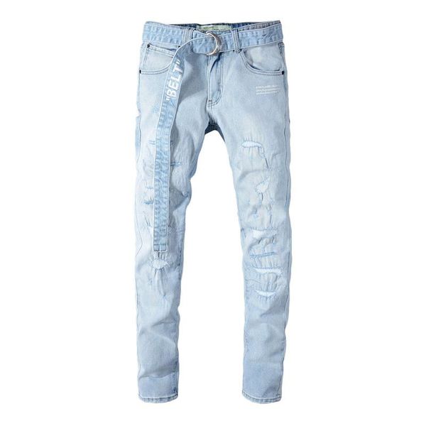 

европа и соединенные штаты high street hole jeans мужская мода дизайнер светло-голубой микро эластичный тонкий белый хип-хоп джинсы, Blue
