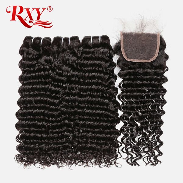 

rxy deep wave связка с закрытием перуанского deep завитых связок с закрытием необработанных перуанскими человеческими 3 волос пучков с закры, Black;brown