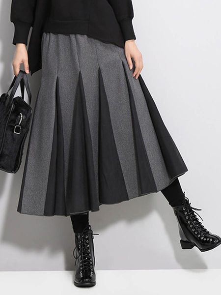 

autumn long skirt women korean winter warm black and white color patchwork striped office elegant skirts preppy style harajuku