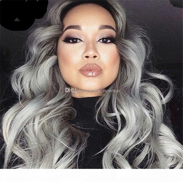 

ombre grey lace front human hair wigs brazilian body wave virgin human hair lace wigs with bleached knots baby hair, Black;brown
