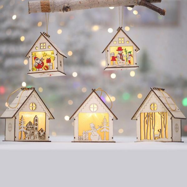 

cute led light wood house pendant christmas ornaments for home luminous cabins gift wall hanging christmas tree decoration