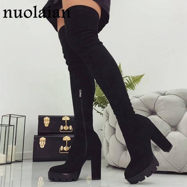 

11cm platform heels boots woman over knee winter boot womens black faux suede leather shoes thigh high boots lady snow fur shoe t200104