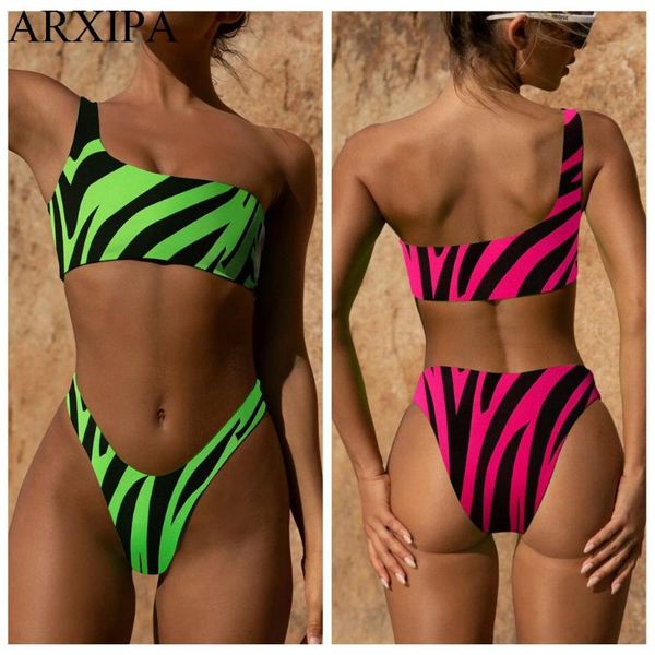 

arxipa 2020 zebra bikini set one shouler women swimsuit high cut swimwear neon green red bandeau brazilian beachwear new
