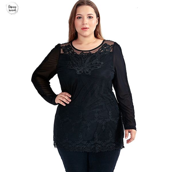 

блузы женщины топы осень с длинным рукавом плюс размер твердая lace top o шея тонкий белый элегантный рубашка 4xl 5xl 6xl, White