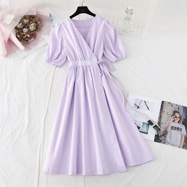 

women elegant long dress summer 2020 new v-neck high waist slim purple lady office dress puff sleeve party a-line vestidos, Black;gray