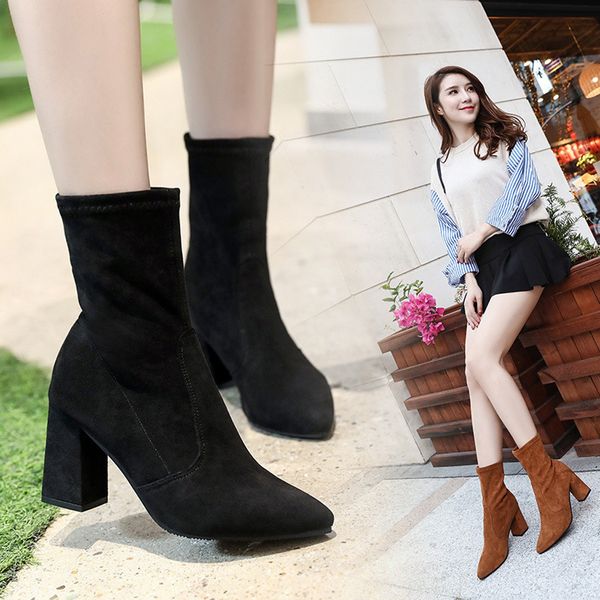 

25#women's leisure solid pointed toe slip-on square high heel boots shoes bottes d'hiver pour femmes, Black