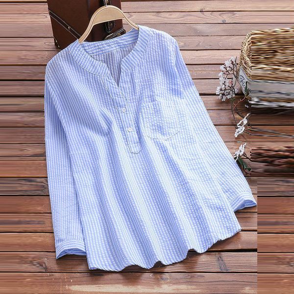 

women clothing blouse woman shirts women fashion blouse stripe shirt spliced pocket blouse v neckline long sleeve fall clothes, White