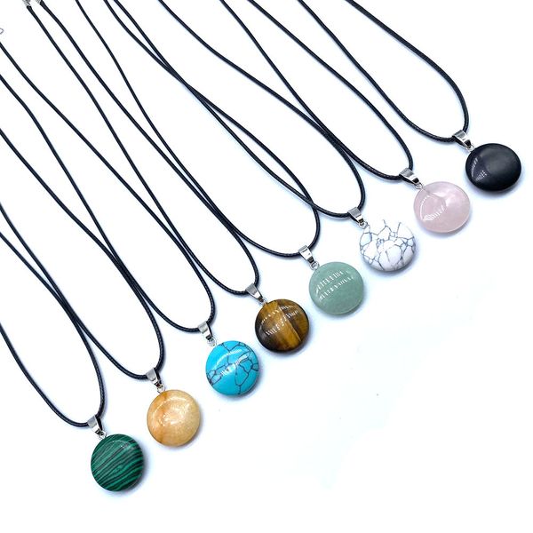 

flat round reiki stones turquoise pink quartz charms pendant necklace for women men gift accessories, Silver