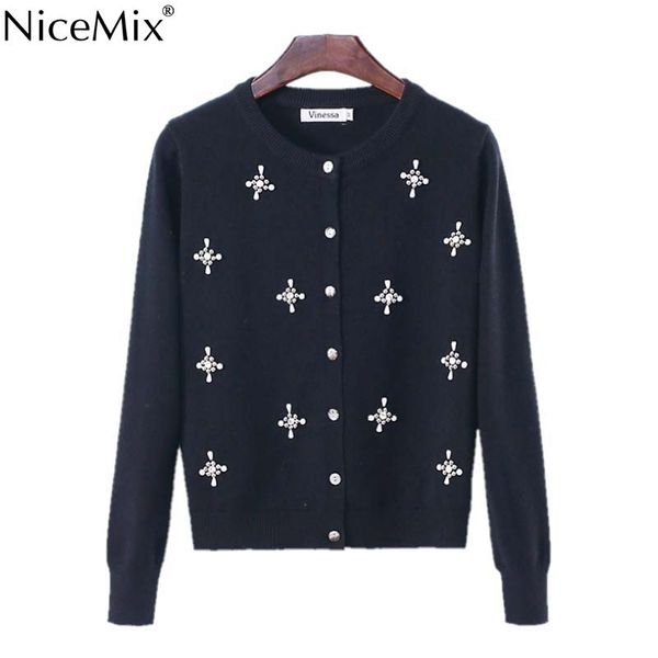 

nicemix 2019 winter elegant crystal pearl beading cardigan women slim knitted cardigans female casual autumn sweaters coat, White