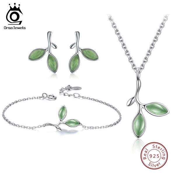 

orsa jewels 925 sterling silver women jewelry sets leaf pattern design cat's eye stone party bracelet earrings necklace ss21-7