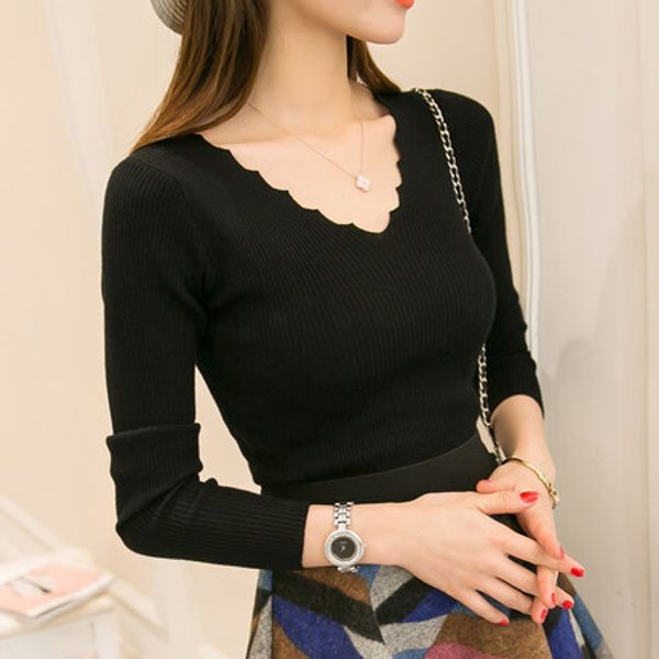 

черного белого осень зима свитер женщины твердых трикотажных свитера пуловеры с длинным рукав wave cut v-образный вырезом основного офиса 20, White;black