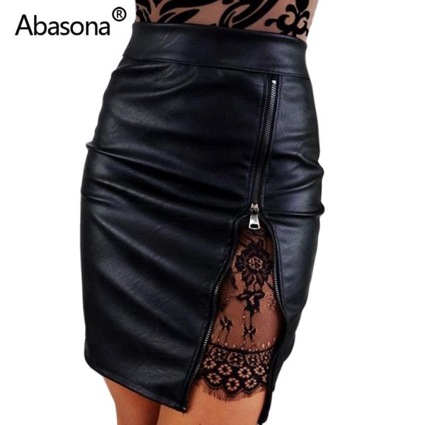 

abasona black high waist leather pencil skirt women 2020 summer zip slit tight basic casual ladies bodycon skirts womens