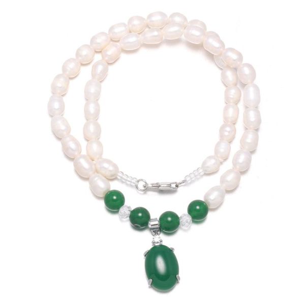 

natural pearl pendant rice-shaped add green egg shape color jaded pendant jewelry round necklace gift for woman's 6-7mm, Golden;silver