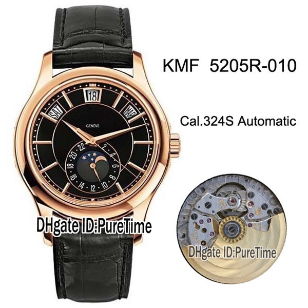 

kmf complications annual calendar 5205r-010 rose gold cal.324sc automatic mens watch black dial moon phase leather watches puretime e04e4, Slivery;brown