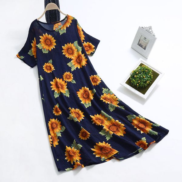 

women cotton and linen loose o-neck sunflowers prints long dress short sleeve multicolors plus size comfortable beach girl dress, Black;gray