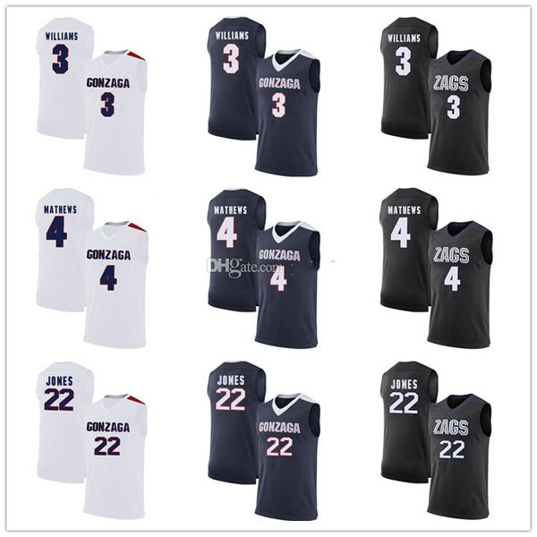 Maglia da basket Gonzaga Bulldogs College # 22 Jeremy Jones # 3 Johnathan Williams # 4 Mathews Maglia da uomo con numero personalizzato cucita