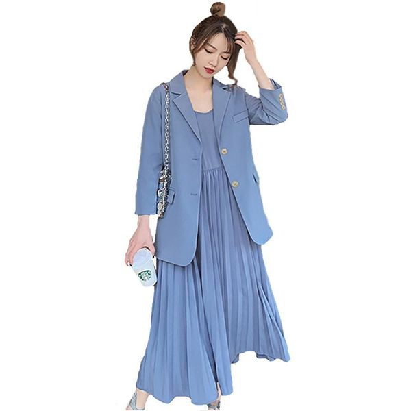 

new spring autumn fashion suit female solid color suit blazer and mesh stitching long dress female casual 2 piece sets 2019 j126, White