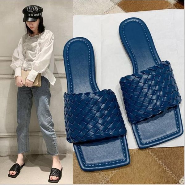 

slippers woven 2021 summer women square head flat fashion weaving sandals female outdoor casual holiday shoes 35-40, Black