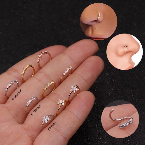 

fashion nose piercing body jewelry for women gilrs cz nose hoop nostril ring tiny flower helix cartilage tragus ring, Slivery;golden